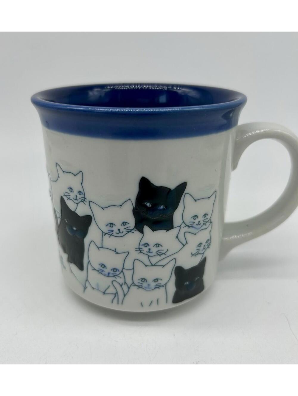 Vintage 70s "Happy Blue Cats" Blue & White Stoneware Kitty Coffee Mug (Otagiri)